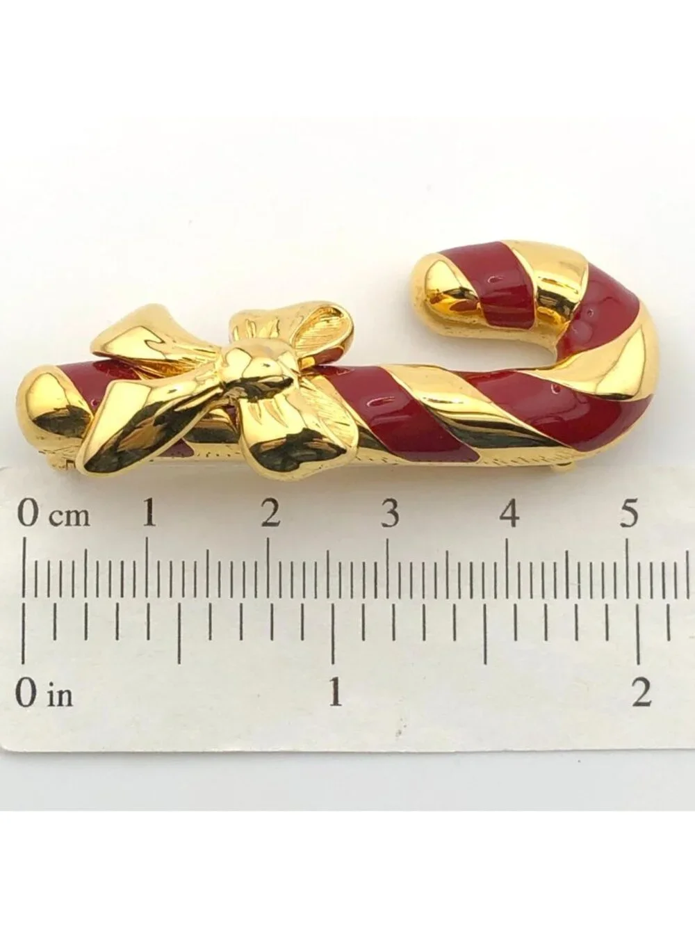 Napier Candy Cane Christmas Pin Brooch Gold Tone Red Enamel Bow Signed Vintage